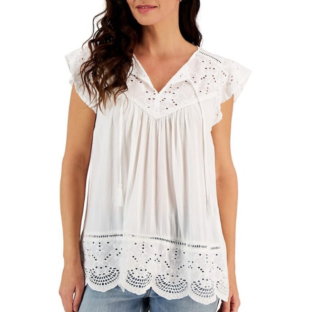Style & Co. Petite Medium White Eyelet Lace Sleeveless Peasant Blouse NWT
